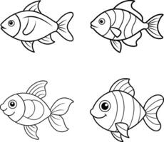 A set of black and white fish drawing outline vector