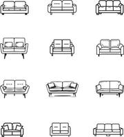 a set of sofa set icons, black and white outlines vector