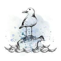 A sea gull on a bottle floats on the waves. Illustration hand-drawn in graphics. EPS . Isolated composition on a white background With watercolor spots blue vector