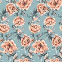Peony flowers with buds and leaves with flying butterflies in pastel peach fuzz color. Hand drawn botanical watercolor illustration. Romantic, cute, beautiful, seamless pattern, repeating ornament vector