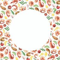Round frame empty template with white background for text, information with shrimp, greens, vegetables and eggs. Watercolor illustration hand drawn. For menus, recipes, cooking. vector