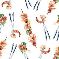 Shrimp with vegetables on chopsticks and on a skewer. Watercolor illustration. Seamless pattern on a white background from the SHRIMP collection. For the design of menus, recipes, packaging. vector