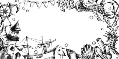 Lighthouse, boat and sea animals with paint spots and splashes. Illustration of graphic line art in black and white, hand drawn.. Frame for registration and design of cards, posters, invitations. vector