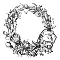 Seashells, starfish, seaweed, coral with anchor and steering wheel, lifebuoy and water bubbles. Illustration of graphic line art in black and white, hand drawn. Round wreath, frame, template for text. vector