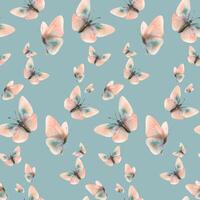 Delicate, flying, elegant butterflies in the trendy pastel color peach fuzz in a vintage style. Hand drawn watercolor illustration. Seamless pattern, repeating ornament on a blue background vector