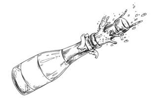 A glass bottle with champagne flying out with a cork, splashes and bubbles. Line art is a simple hand-drawn illustration in black and white ink. Isolated EPS object. vector