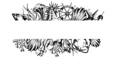 Marine animals with an anchor, a lifebuoy and a steering wheel. Illustration of graphic line art in black and white, hand drawn. Horizontal board, frame for decoration and design vector