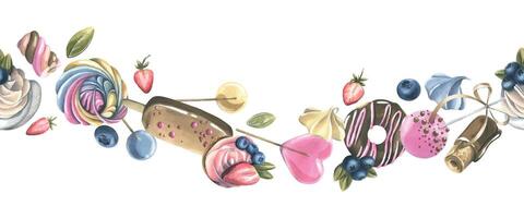 Cakes, donuts, lollipops, blueberries, strawberries, marshmallows and meringue. Watercolor illustration. Seamless banner from the SWEETS collection. For the design and design of menus, recipes. vector