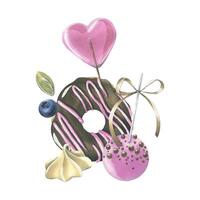 Glazed donut with chocolate, lollipop, cakepop, meringue and berries. Hand drawn watercolor illustration for prints, menus, stickers. Isolated composition on a white background. vector
