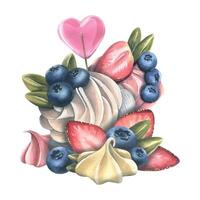 Cake, cupcakes with cream blueberries and strawberries, with a heart-shaped lollipop and meringues. Watercolor illustration. A composition from a large set of SWEETS. For decoration and design. vector