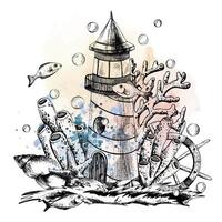 Lighthouse with corals, algae, a rudder and a fish isolated composition on a white background, hand-drawn in a graphic. , marine composition, in EPS format. With watercolor spots pink and blue vector