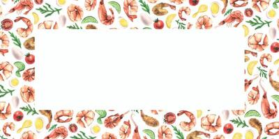 Horizontal rectangular frame empty template with white background for text, information with shrimp, greens, vegetables and eggs. Watercolor illustration hand drawn. For menus, recipes, cooking. vector