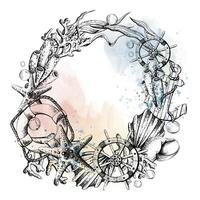 Seashells, starfish, seaweed, coral with anchor and steering wheel, lifebuoy and water bubbles. Illustration of graphic line art in black and white, hand drawn. Round wreath, frame, template for text. vector