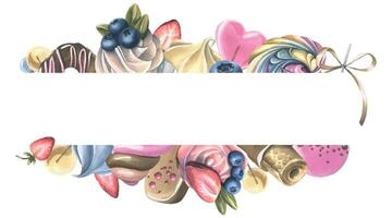 Horizontal board with sweets, donuts, cakes, cupcakes, lollipops, marshmallows. Watercolor illustration. A frame made of a large set of SWEETS. For decoration and design on the theme of food. vector
