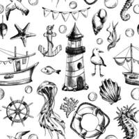 Nautical seamless pattern with marine underwater animals, a lighthouse and a boat. Illustration of graphic line art in black and white, hand drawn. For the textile, fabric, wallpaper, wrapping paper vector