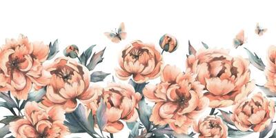 Beautiful peonies in peach fuzz color with leaves, buds and flying butterflies. Hand drawn watercolor illustration. Seamless border, pattern horizontal isolated from the background. vector