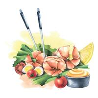 Shrimp with lettuce leaves, quail eggs, cherry tomatoes, lemon, sauce and chopsticks. Watercolor illustration. Composition from the SHRIMP collection. For the design and design of menus, recipes. vector