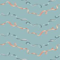 Curly satin ribbons in trendy pastel colors peach fuzz and turquoise in a vintage style. Hand drawn watercolor illustration. Seamless pattern, repeating ornament on a blue background vector