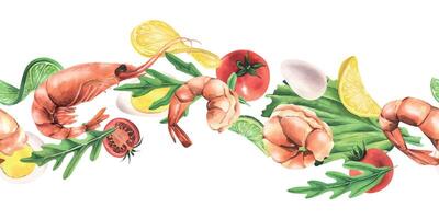 Boiled shrimp with lemon, tomatoes, eggs and arugula levitating. Watercolor illustration. Seamless banner from the SHRIMP collection. For the design and design of menus, recipes, packaging, cafes vector