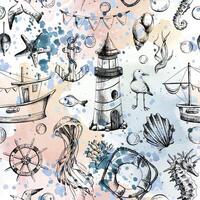 Nautical seamless pattern with marine underwater animals, a lighthouse and a boat. Illustration of graphic line art in black and white, hand drawn. For the textile, fabric, wallpaper, wrapping paper vector