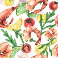 Various boiled shrimp with arugula, lemon, lime, cherry tomatoes, eggs. Watercolor illustration. Seamless pattern on a white background from the Shrimp collection. For the design and design vector