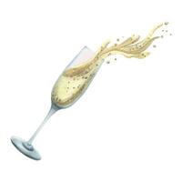 Glass goblet with champagne and splashes, white sparkling wine. Watercolor illustration, hand drawn. Isolated object on a white background. vector
