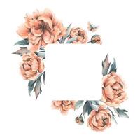 Peony flowers with buds and leaves with flying butterflies in pastel peach fuzz color. Hand drawn botanical watercolor illustration. Romantic, cute, beautiful, frame, wreath, template for text vector