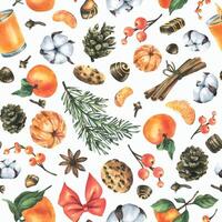 Orange whole and peeled tangerines with candles, pine branch and cone, cotton, spice leaves, cookies and chocolates. Watercolor illustration, hand drawn. Seamless pattern on a white background. vector