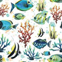 Tropical fish, bright, colorful with corals and splashes of paint. Watercolor illustration. Seamless pattern on a light background. For decoration and design of fabrics, textiles, wallpapers, prints vector
