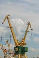 Working port cranes. Unloading and loading of goods at the port. High quality photo