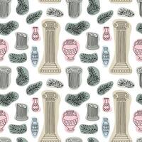 Marble ancient columns seamless pattern. pattern with Greek statues and vases vector