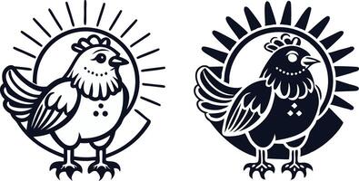 two black and white images of a chicken and a rooster vector