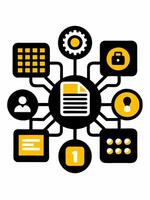 a black and yellow icon of a computer and other items vector