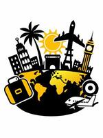 travel around the world with a suitcase, plane, and other objects vector