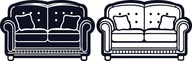 two black and white sofa, chairs with pillows on them vector