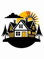 a house logo and palm trees in the middle of the ocean vector