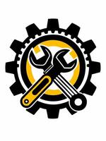 a wrench and gearwheel with a yellow and black background vector