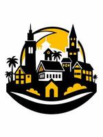 a city with palm trees and buildings in the background vector