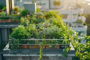 Eco-friendly rooftop garden in city. Carbon reduction and sustainable building for net-zero emissions and urban sustainability. CO2 reduction and global warming mitigation with green rooftop design photo