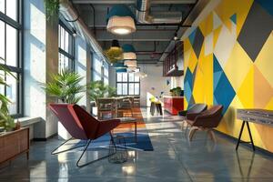 Modern interior of open co-working space with ergonomic furniture and dynamic bold colors, geometric pattern on walls photo