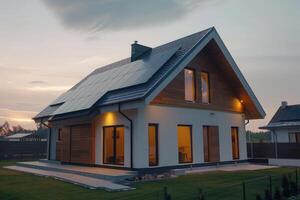 New suburban house with a photovoltaic system on the roof. Modern eco friendly passive house with solar panels on the gable roof photo