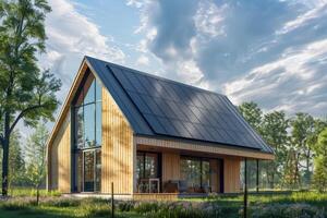 New suburban house with a photovoltaic system on the roof. Modern eco friendly passive house with solar panels on the gable roof photo