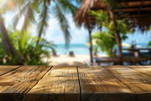 Empty wooden table top with copy space for food drink product advertising with blurred summer resort beach bar restaurant background photo