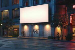 An empty billboard on a building exterior for mockup advertisement, at dusk with a lit interior backdrop photo