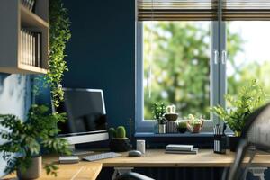 Stylish office interior with workplace, pc computer and window. Mock up wall photo