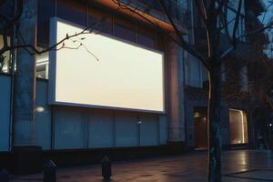 An empty billboard on a building exterior for mockup advertisement, at dusk with a lit interior backdrop photo
