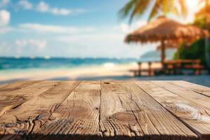 Empty wooden table top with copy space for food drink product advertising with blurred summer resort beach bar restaurant background photo