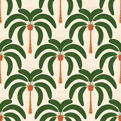 Green tropical palm tree seamless pattern. Jungle damask print, summer nature wallpaper. Hand drawn coconut plant, cute tropic illustration. Simple textile surface design, fabric, wrap paper.
