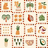 Checkered summer seamless pattern with tropical leaves, palm tree, leopard, fruits. Exotic jungle elements in square shapes. Retro chess print, repeat background, fabric, textile, wallpaper vector