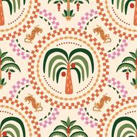Summer ceramic tile pattern with tropical palm tree, leopard animal, checkered round shapers. Cute jungle print, funny beach background, damask ornament, botanical exotic textile design, safari vector